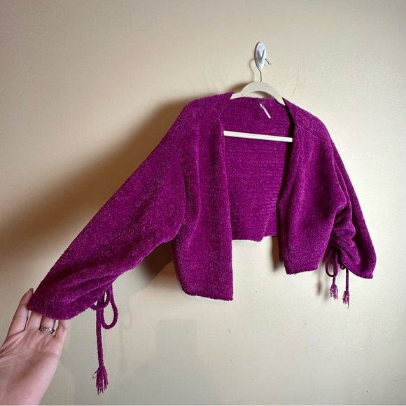 Free people Open Front Sweater Cardigan Hot Pink Cinched Tie Sleeves Women’s XS - Picture 4 of 14